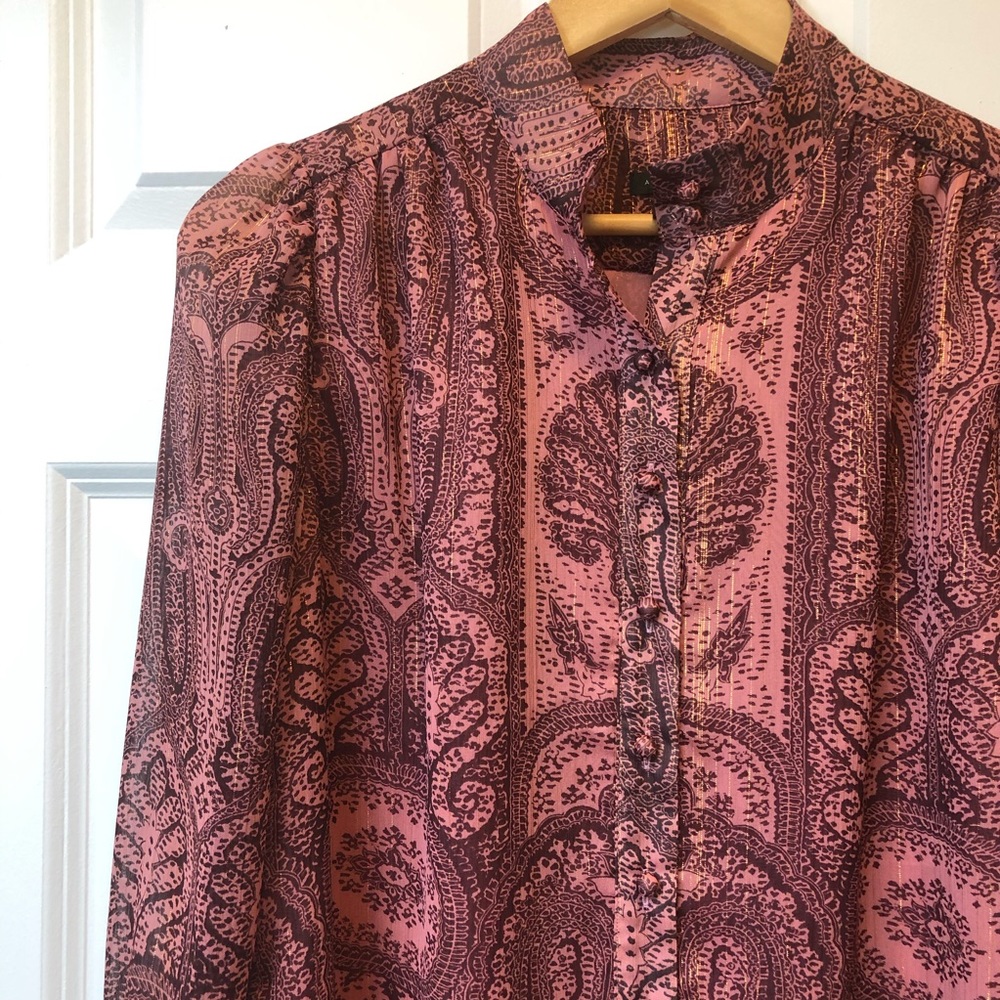 ANN TAYLOR Pink Blouse Gold Thread Detail XS